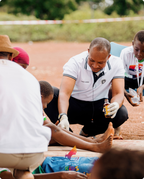 Event volunteer helping participant